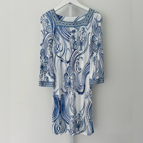 EMILIO PUCCI BLUE WHITE BELL SLEEVE SQUARE NECK DRESS SIZE IT 40 / US 6 - Picture 5 of 16